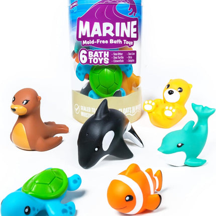 Tub Works® Marine™ Mold Free Bath Toys, 6 Pack | Sealed, No Hole Bath Toys Design Keeps Moisture Out | Soft, Squeezable & Float on Water | Easy-Grip Baby & Toddler Bath Toy Set | Great Baby Pool Toys