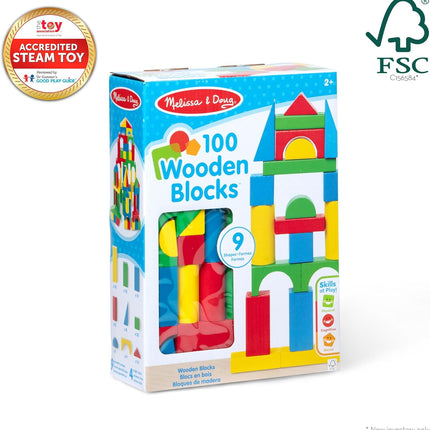 Melissa & Doug Wooden Building Blocks Set - 100 Blocks in 4 Colors and 9 Shapes Classic Kids Toys, Colored Wood For Toddlers Ages 2+ - FSC-Certified