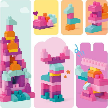MEGA BLOKS First Builders Toddler Blocks Toys Set, Big Building Bag with 80 Pieces and Storage, Pink, Ages 1+ Years