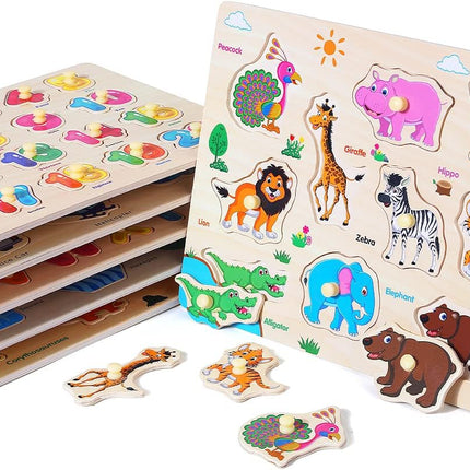 GRINNNIE Wooden Peg Puzzle for Toddlers, 6 Pack Toddler Puzzles Set for 3 4 5 Years Old (Alphabet Number Shape Animal Dinosaur Vehicle), Preschool Education Learning Puzzle Toys for Girls and Boys