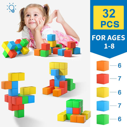 Magnetic Blocks,1.42 inch 32pcs Large Magnetic Building Block for Toddlers 3 4 5 6 7 8 Year Old Boys Girls Color Magnet Cubes Learning Toys for Kids 1-3 Sensory Toys Age 4-8 Gift