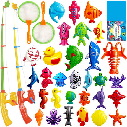 CozyBomB™ Magnetic Fishing Toys Game Set for Kids | Water Table Bathtub Kiddie Pool Party & Pole Rod Net, Plastic Floating Fish Toddler Color Ocean Sea Animals Birthday Age 3 4 5 6 Year