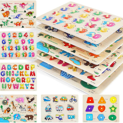 GRINNNIE Wooden Peg Puzzle for Toddlers, 6 Pack Toddler Puzzles Set for 3 4 5 Years Old (Alphabet Number Shape Animal Dinosaur Vehicle), Preschool Education Learning Puzzle Toys for Girls and Boys