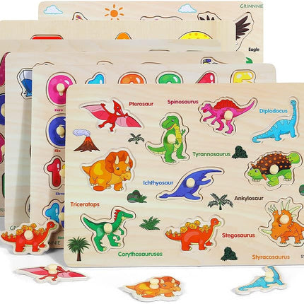 GRINNNIE Wooden Peg Puzzle for Toddlers, 6 Pack Toddler Puzzles Set for 3 4 5 Years Old (Alphabet Number Shape Animal Dinosaur Vehicle), Preschool Education Learning Puzzle Toys for Girls and Boys