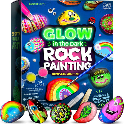 Dan&Darci Kids Rock Painting Kit - Glow in The Dark - Arts & Crafts Gifts for Boys and Girls Ages 6-12 - Craft Activities Kits - Creative Art Toys for 6, 7, 8, 9, 10, 11 & 12 Year Old Kid