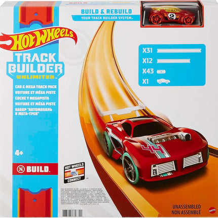 Hot Wheels Toy Car Mega Track Set Pack, 87 Component Building Parts for 40-ft of Track & 1:64 Scale Vehicle (Amazon Exclusive)