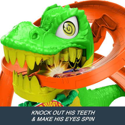 Hot Wheels Toy Car Track Set, City T-Rex Blaze Battle Playset & 1:64 Scale Die-Cast Vehicle, 18” Tall, Multiple Race Outcomes, Spinning Dinosaur Eyes