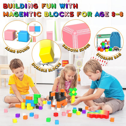54 PCS Magnetic Blocks, Magnetic Building Blocks for Toddlers 3+, Montessori Toys, Magnet Cubes, Preschool STEM Educational Sensory Magnet Toys for Kids Ages 3-5 Year Old Boys and Girls