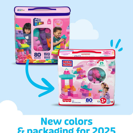 MEGA BLOKS First Builders Toddler Blocks Toys Set, Big Building Bag with 80 Pieces and Storage, Pink, Ages 1+ Years