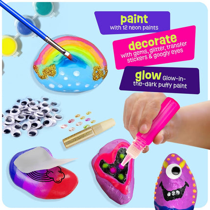Dan&Darci Kids Rock Painting Kit - Glow in The Dark - Arts & Crafts Gifts for Boys and Girls Ages 6-12 - Craft Activities Kits - Creative Art Toys for 6, 7, 8, 9, 10, 11 & 12 Year Old Kid