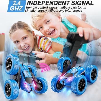 Remote Control Car, RC Cars Toys for Kids Ages 6-12, 4WD Stunt Car with LED Lights & 360° Flips, 2.4GHz, Upgraded USB-C Modular Batteries, 8-10 Year Old Boys 1-Blue