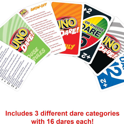 Mattel Games UNO Dare Card Game for Families & Parties Featuring Challenging & Silly Dares from 3 Different Categories