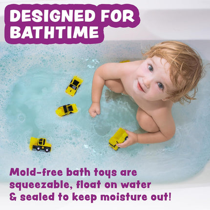 Tub Works® Construction™ Trucks Mold Free Bath Toys, 6 Pack | Sealed, No Hole Bath Toys Design Keeps Moisture Out | Soft, Squeezable & Float on Water | Baby & Toddler Bath Toys | Kids Car Bath Toys