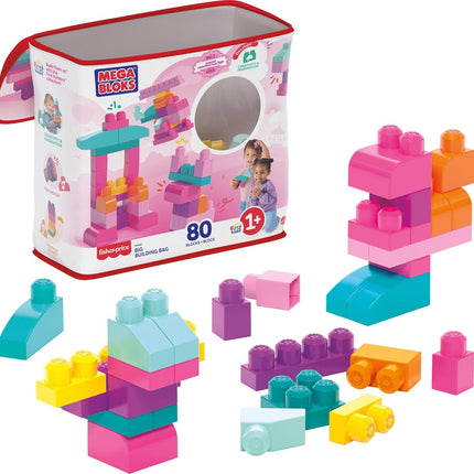 MEGA BLOKS First Builders Toddler Blocks Toys Set, Big Building Bag with 80 Pieces and Storage, Pink, Ages 1+ Years