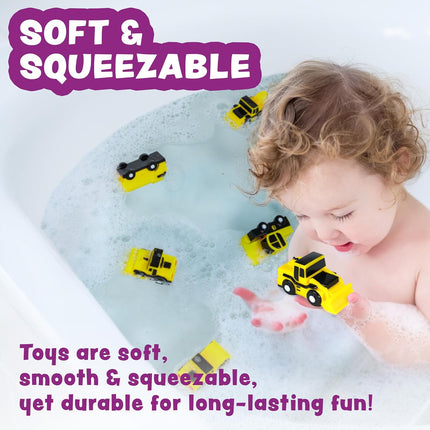 Tub Works® Construction™ Trucks Mold Free Bath Toys, 6 Pack | Sealed, No Hole Bath Toys Design Keeps Moisture Out | Soft, Squeezable & Float on Water | Baby & Toddler Bath Toys | Kids Car Bath Toys