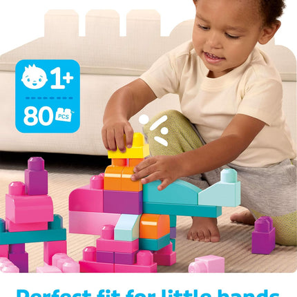 MEGA BLOKS First Builders Toddler Blocks Toys Set, Big Building Bag with 80 Pieces and Storage, Pink, Ages 1+ Years