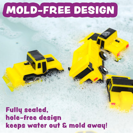 Tub Works® Construction™ Trucks Mold Free Bath Toys, 6 Pack | Sealed, No Hole Bath Toys Design Keeps Moisture Out | Soft, Squeezable & Float on Water | Baby & Toddler Bath Toys | Kids Car Bath Toys