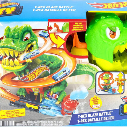 Hot Wheels Toy Car Track Set, City T-Rex Blaze Battle Playset & 1:64 Scale Die-Cast Vehicle, 18” Tall, Multiple Race Outcomes, Spinning Dinosaur Eyes