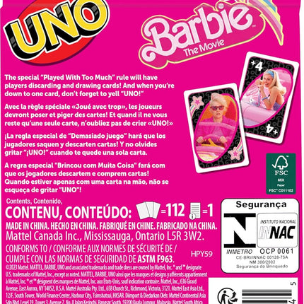 Mattel Games UNO Barbie The Movie Card Game for Kids & Adults Featuring Characters Graphics & Special Rule, 2 to 10 Players