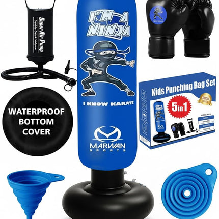 Marwan Sports 5-in-1 Inflatable Punching Bag for Kids – 63" Karate Toy Set with Boxing Gloves, Durable Fast Rebound, Active Play, Stress Relief Christmas/Birthday Gift for Boys & Girls Ages 4-12