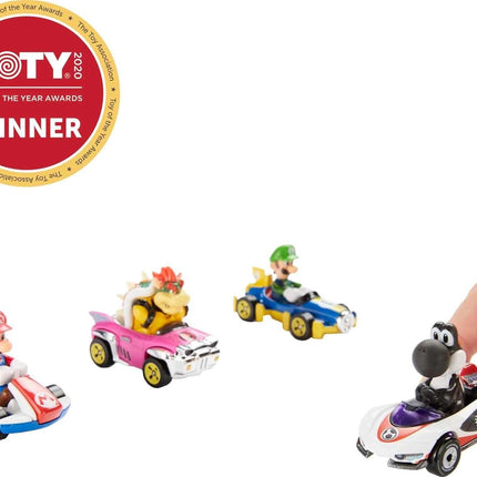 Hot Wheels Mario Kart Set of 4 Die-Cast Toy Cars with Attached Character Drivers, Includes Black Yoshi