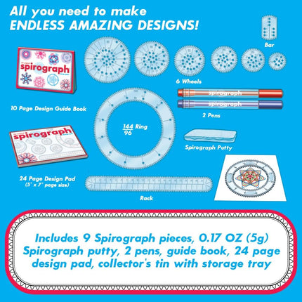 Spirograph Design Set Collectors Tin – Arts and Crafts, Kids Toys, Art Supplies, Craft Supplies, Drawing Kit, Spiral Art, Classic Gear Design Kit, Pens, Design Sheet Included, Ages 8 and Up