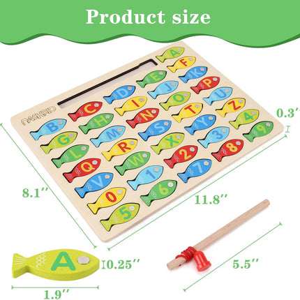 Magnetic Wooden Fishing Game Toy for Toddlers, Alphabet Fish Catching Counting Games Puzzle with Numbers and Letters, Preschool Learning ABC Math Educational Toys 3 4 5 Years Old Girl Boy Kids
