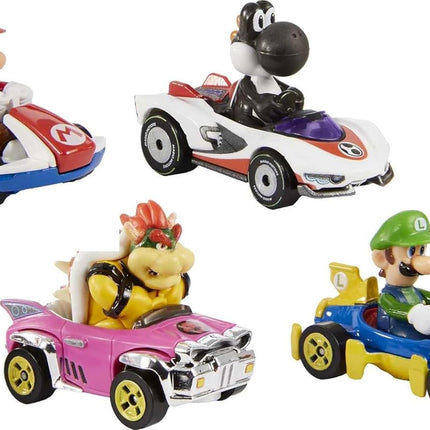 Hot Wheels Mario Kart Set of 4 Die-Cast Toy Cars with Attached Character Drivers, Includes Black Yoshi