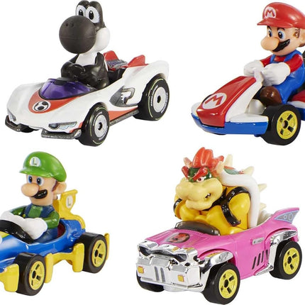 Hot Wheels Mario Kart Set of 4 Die-Cast Toy Cars with Attached Character Drivers, Includes Black Yoshi