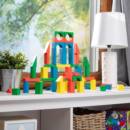 Melissa & Doug Wooden Building Blocks Set - 100 Blocks in 4 Colors and 9 Shapes Classic Kids Toys, Colored Wood For Toddlers Ages 2+ - FSC-Certified