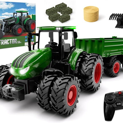 Remote Control Tractor Toy with Trailer | Metal Front Loader Farm Vehicle Set with Lights & 8-Wheel Design, RC Tractor Truck for Boys & Girls Ages 3-9, Fun Farm Toy Gift for Toddlers & Kids