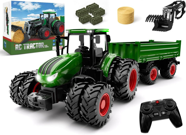 Remote Control Tractor Toy with Trailer | Metal Front Loader Farm Vehicle Set with Lights & 8-Wheel Design, RC Tractor Truck for Boys & Girls Ages 3-9, Fun Farm Toy Gift for Toddlers & Kids