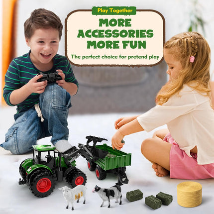 Remote Control Tractor Toy with Trailer | Metal Front Loader Farm Vehicle Set with Lights & 8-Wheel Design, RC Tractor Truck for Boys & Girls Ages 3-9, Fun Farm Toy Gift for Toddlers & Kids