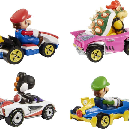 Hot Wheels Mario Kart Set of 4 Die-Cast Toy Cars with Attached Character Drivers, Includes Black Yoshi