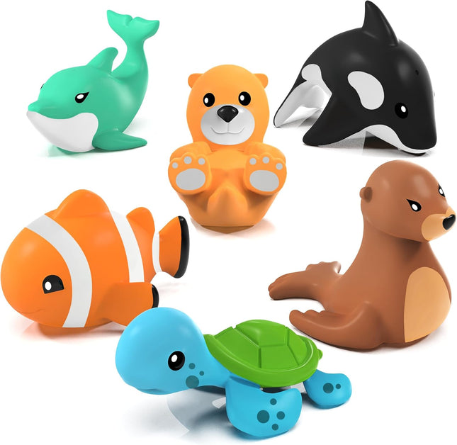Tub Works® Marine™ Mold Free Bath Toys, 6 Pack | Sealed, No Hole Bath Toys Design Keeps Moisture Out | Soft, Squeezable & Float on Water | Easy-Grip Baby & Toddler Bath Toy Set | Great Baby Pool Toys