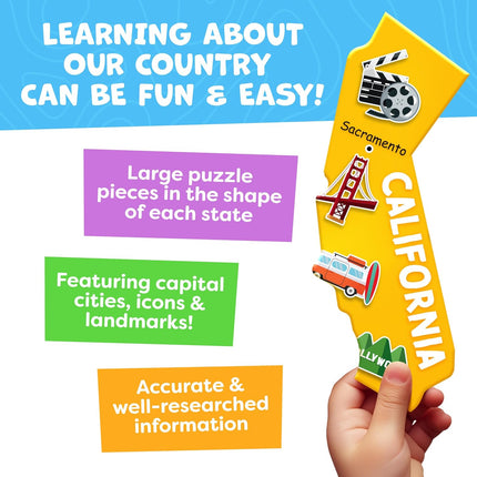 United States Puzzles for Kids Ages 4-6 - Educational Toys for Boys & Girls - 70Pcs USA Map Kids Puzzle with 50 States & Capitals - Floor Jigsaw Puzzles - Summer Toys - Gifts for Children