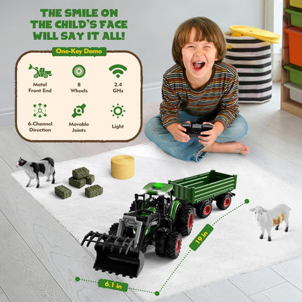 Remote Control Tractor Toy with Trailer | Metal Front Loader Farm Vehicle Set with Lights & 8-Wheel Design, RC Tractor Truck for Boys & Girls Ages 3-9, Fun Farm Toy Gift for Toddlers & Kids