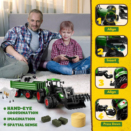 Remote Control Tractor Toy with Trailer | Metal Front Loader Farm Vehicle Set with Lights & 8-Wheel Design, RC Tractor Truck for Boys & Girls Ages 3-9, Fun Farm Toy Gift for Toddlers & Kids