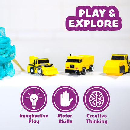 Tub Works® Construction™ Trucks Mold Free Bath Toys, 6 Pack | Sealed, No Hole Bath Toys Design Keeps Moisture Out | Soft, Squeezable & Float on Water | Baby & Toddler Bath Toys | Kids Car Bath Toys