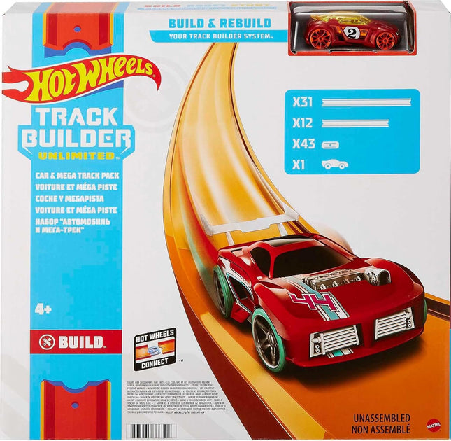 Hot Wheels Toy Car Mega Track Set Pack, 87 Component Building Parts for 40-ft of Track & 1:64 Scale Vehicle (Amazon Exclusive)