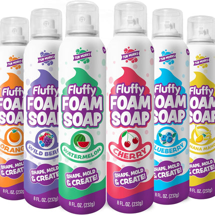 Tub Works® Fluffy Foam Soap, Variety 6 Pack | Shape, Mold & Create Bath Art with Soft Bath Foam for Kids | Gentle, Cleansing Kids Bath Soap | Easy-to-Use Spray Nozzles | Fruity, Fun Bath Colors