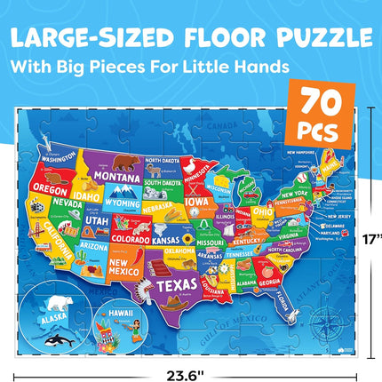 United States Puzzles for Kids Ages 4-6 - Educational Toys for Boys & Girls - 70Pcs USA Map Kids Puzzle with 50 States & Capitals - Floor Jigsaw Puzzles - Summer Toys - Gifts for Children