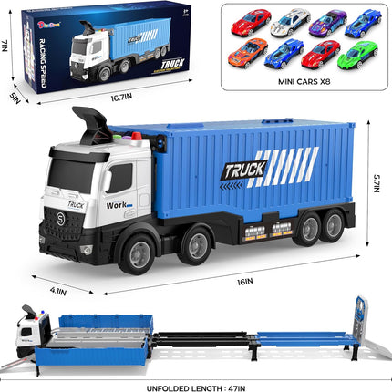 Carrier Truck Race Track Toddlers Toys, Foldable 3 Layer Track Playset, Toy Truck Transport Car Carrier & 8 Race Cars, Truck Car Kids Toys Xmas Gifts for Age 3 4 5 6+ Years Old Boys Girls