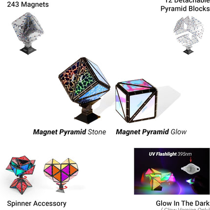 TOSY Magnet Pyramid Stone - 1 Cube Transforms into 1 Billion Shapes, 14 pcs (12 Puzzle pcs and 2 Spinners), 243 Rare Earth Magnets, Christmas Stocking Stuffers Gift for Kids, Creative Puzzle STEM Toy