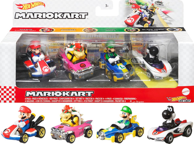 Hot Wheels Mario Kart Set of 4 Die-Cast Toy Cars with Attached Character Drivers, Includes Black Yoshi