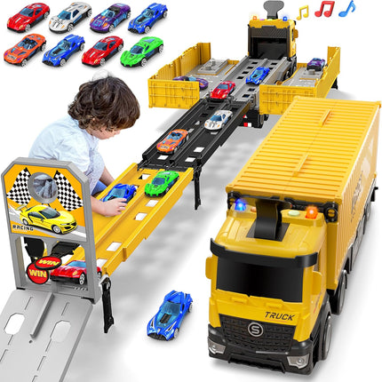 Carrier Truck Race Track Toddlers Toys, Foldable 3 Layer Track Playset, Toy Truck Transport Car Carrier & 8 Race Cars, Truck Car Kids Toys Xmas Gifts for Age 3 4 5 6+ Years Old Boys Girls