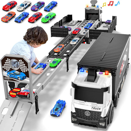 Carrier Truck Race Track Toddlers Toys, Foldable 3 Layer Track Playset, Toy Truck Transport Car Carrier & 8 Race Cars, Truck Car Kids Toys Xmas Gifts for Age 3 4 5 6+ Years Old Boys Girls