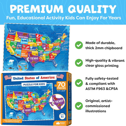 United States Puzzles for Kids Ages 4-6 - Educational Toys for Boys & Girls - 70Pcs USA Map Kids Puzzle with 50 States & Capitals - Floor Jigsaw Puzzles - Summer Toys - Gifts for Children