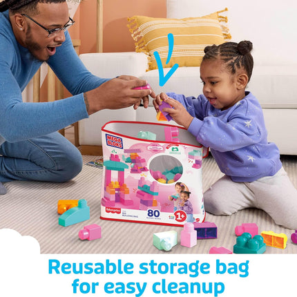 MEGA BLOKS First Builders Toddler Blocks Toys Set, Big Building Bag with 80 Pieces and Storage, Pink, Ages 1+ Years