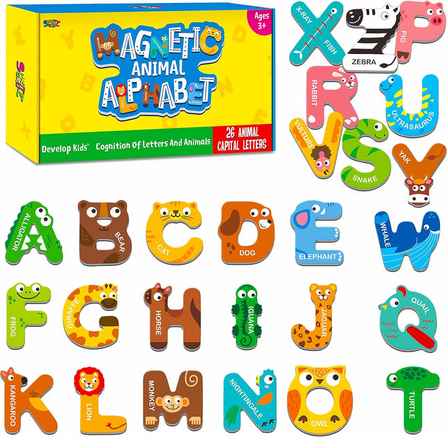 Large Size Magnetic Letters, Cute Animal Alphabet ABC Magnets for Fridge Colorful Uppercase Animals Toys Set Educational Spelling Learning Games for Kids, Toddlers 3 4 5 Years Old